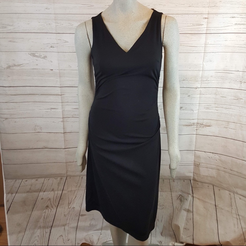 BCBG Paris Black Knit Stretch Shirred Sides V Neck